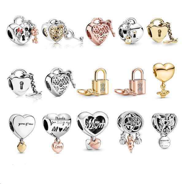 Klassischer modischer Charm-Anhänger aus 925er-Sterlingsilber, Designer-Schmuck, Vorhängeschloss und Schlüssel, baumelnder Charm-Anhänger zum Selbermachen, passend für Pandora-Armbänder für Frauen, Geburtstag, Weihnachten, Geschenk mit Box