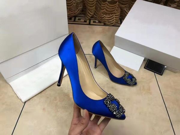 Abendschuhe für Damen, blaue Satin-Pumps mit Juwelenschnalle, für Hochzeit, Braut, Brautjungfer