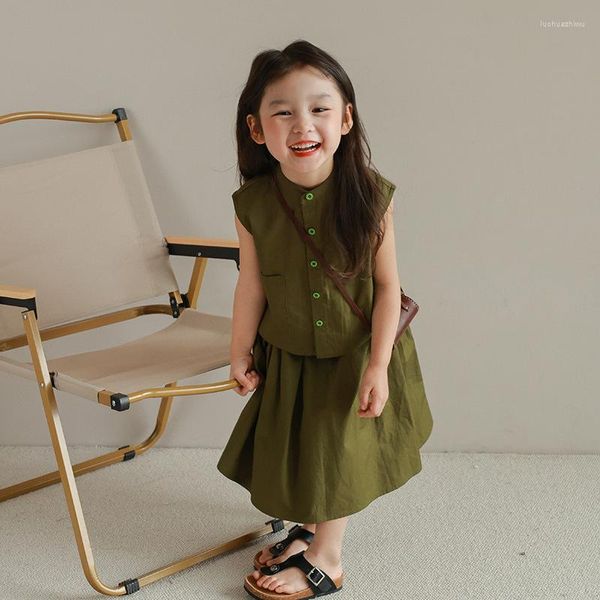 Conjuntos de roupas meninas 2023 verão coreano sem mangas roupas suporte pescoço cor sólida meia saia conjunto crianças bebê moda duas peças