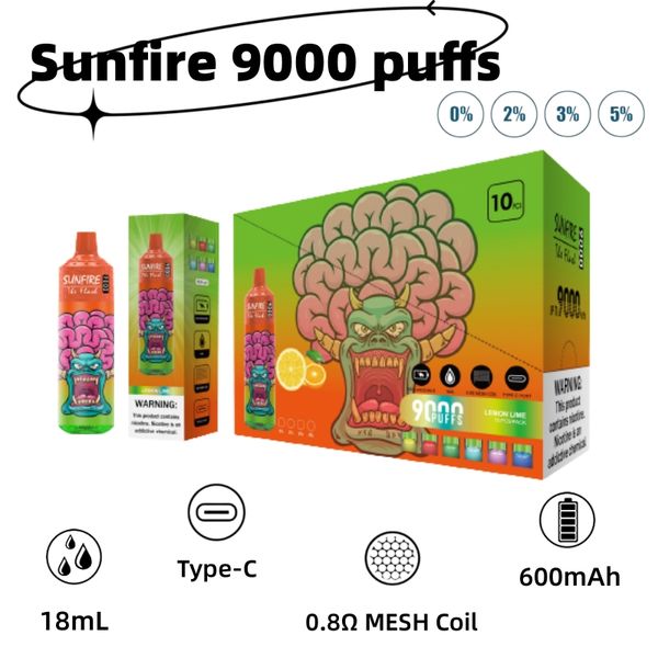 Sunfire Mesh Spulenfarbe RGB Light 10 Geschmack 9000 10000 Puffs Ecig Batterie wiederaufladbare E-Zigarette Shisha Pen
