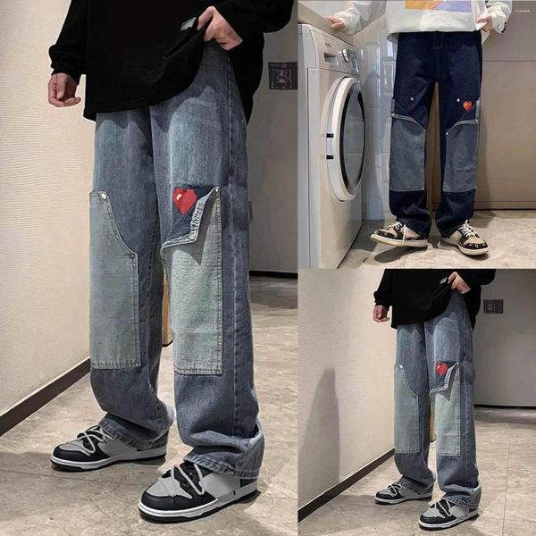 Erkek Kot Koreli Moda Bolggy Klasik Allch Allch Mavi Düz-Bleg Denim Geniş Bacaklı Pantolon Günlük Yama Aşk Y2K Pantolon
