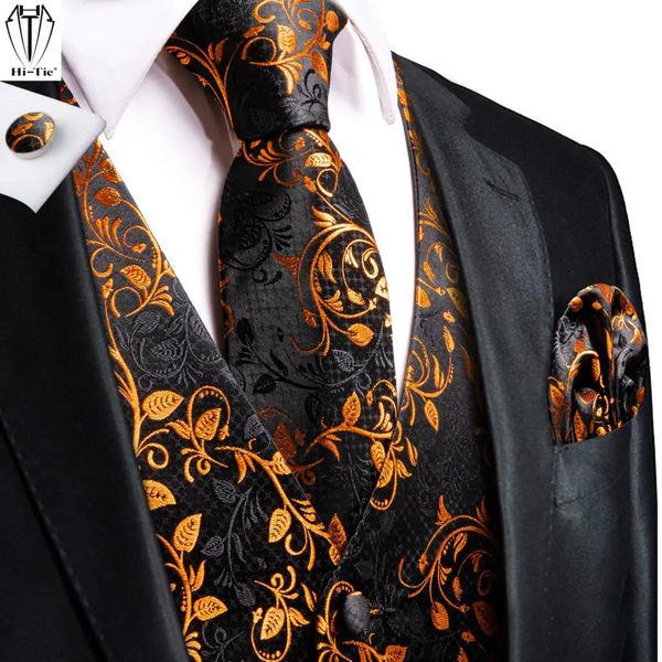 Coletes masculinos Hitie Jacquard Silk Mens Colete Gravata Conjunto Sem Mangas Jaqueta Gravata Hanky Abotoaduras Terno Ouro Azul Preto Colete Casamento Negócio 231010