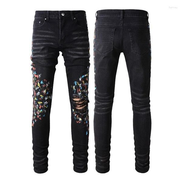 Jeans da uomo Nero Y2k Uomo Streetwear Marchio di moda Pantaloni slim fit in denim Distressed Stampa graffiti Cravatta danneggiata Bandana Strappato