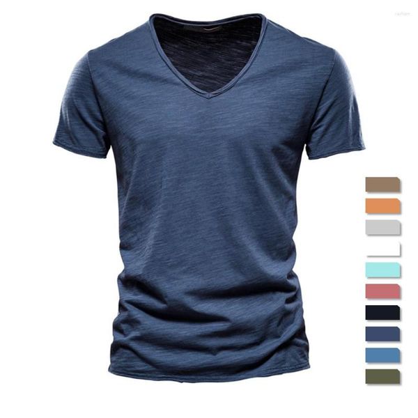 Magliette da uomo T-shirt estiva in cotone a maniche corte con scollo a V, design alla moda, top slim casual