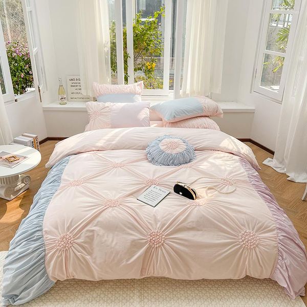 Комплекты постельного белья из хлопка для девочек, мягкий стираный комплект с цветами, плиссированное пододеяльник, плоская/простынная подушка, постельное белье