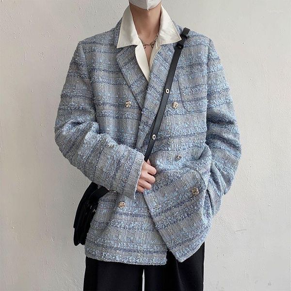 Männer Anzüge Herbst Retro Britischen Stil Bunte Tweed Zweireiher Off-schulter Jacke Lose Casual Jacken Blazer Männliche kleidung