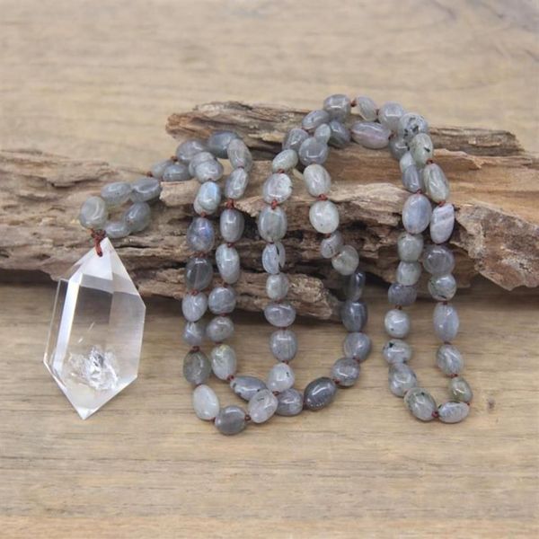 Colares Pingente Handmade Nó Colar Natural Labradorite Nugget Chip Beads Cristal Quartzo Ponto Duplo Pingentes Mala Yoga Jewe264h