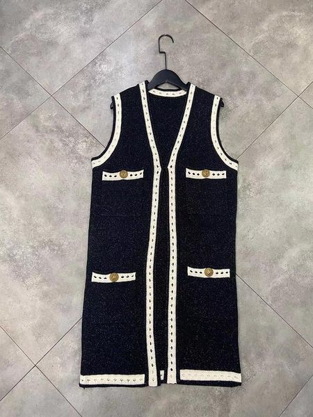 Damenwesten Mode schwarze lange Stil Strickweste für Frauen 2023 Hochwertige V-Ausschnitt Multi-Taschen Hakenknöpfe ärmellose Oberbekleidung Dame