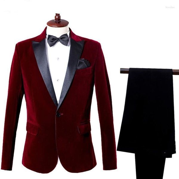 Abiti da uomo Abito rosso vino/blu Abito casual da uomo da festa Giacca da palcoscenico Pantaloni slim fit in velluto 2 pezzi