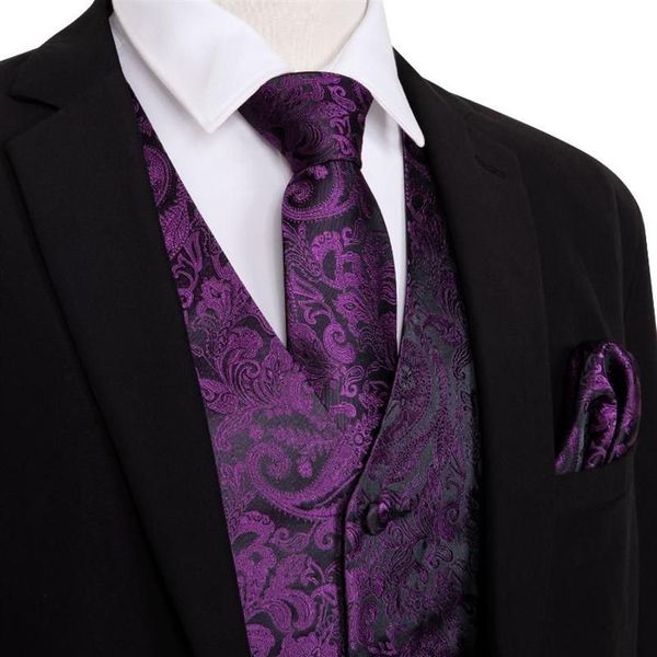 Gilet da uomo Viola Gilet da uomo Gilet Festa da sposa Fazzoletto Cravatta Classico Paisley Floreale Jacquard Fazzoletto da taschino Set B259V