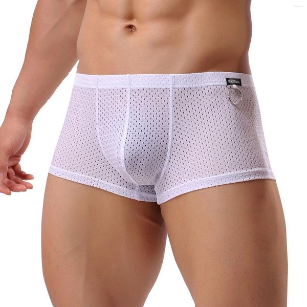 Cuecas sexy roupa interior homens boxers malha respirável pênis fino calças masculinas com anel de metal sólido boxer shorts bulge bolsa cueca masculina