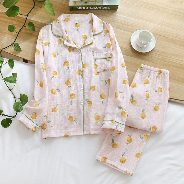 Pijama de calça de sono feminina para sono e verão de pano de pano de algodão de algodão Crepe de mangas compridas