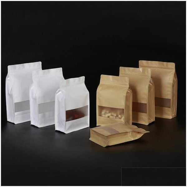 Sacos de embalagem Atacado Kraft Stand Up Bolsas Saco de embalagem de papel reutilizável com janela calor selável armazenamento de alimentos escritório escola negócio dh10v