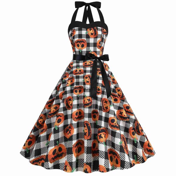 Traje temático 2023 Robe Halloween Cosplay Vestido Gótico Mulheres Trajes Sexy Halter Manta Abóbora Impressão Retro Vestidos de Festa Pinup Swing Sundress x1010