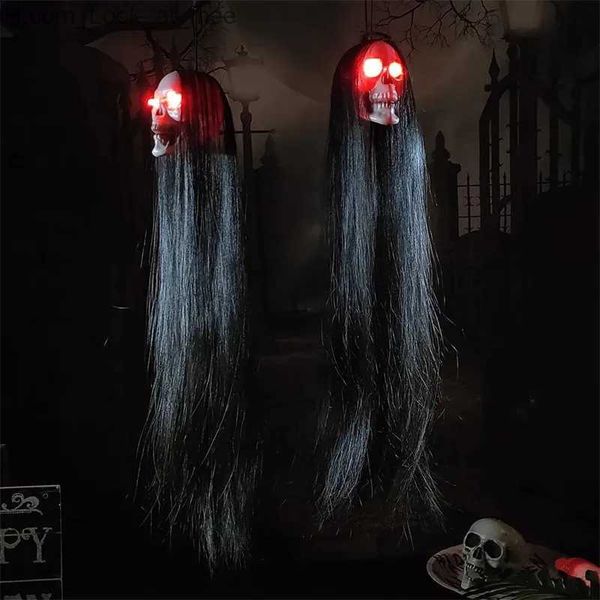 Outros suprimentos para festas de eventos Halloween pendurado fantasma horror adereços LED esqueleto cabelo longo crânio cabeça pingentes para festa de Halloween decoração ao ar livre casa assombrada Q231010