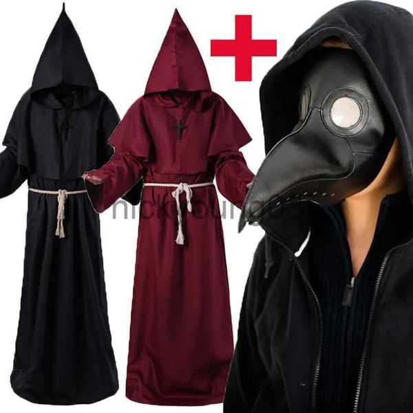 Tema Traje Halloween Medieval Com Capuz Robe Plague Doctor Witch Costume Máscara Chapéu para Homens Cosplay Steampunk Priest Horror Wizard Capa Capa x1010