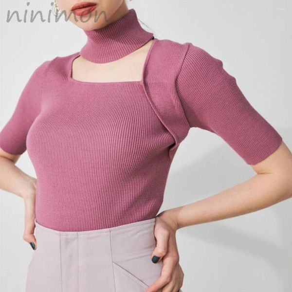 Kadın Sweaters Ninimon Kadınlar Ribber Örgü Süvari Sonbahar Kış Yavurucu Vintage Örgü Top İnce Dışarı Çıkış Moda Bluz