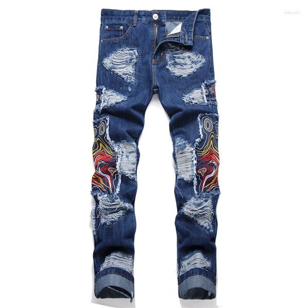Jeans da uomo 2023 Moto alla moda per pantaloni in denim con decorazione toppa traforata Piedi casual blu neri