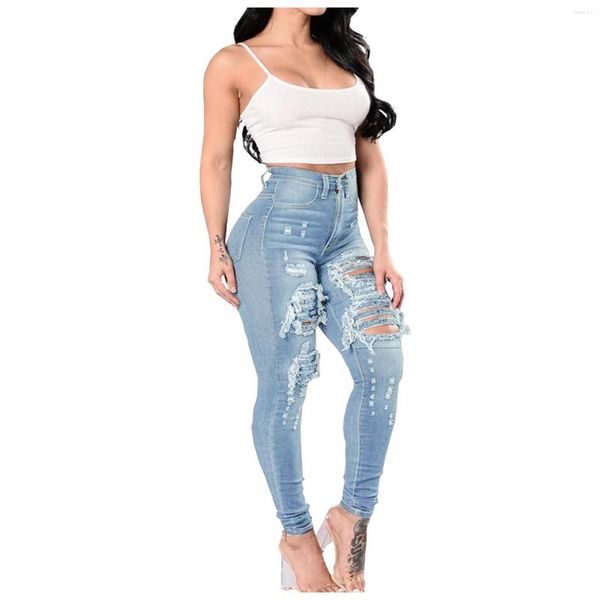 Calças femininas mulheres sexy buracos quebrados denim jeans moda lavado cintura alta elástico magro perna y2k plus size calças femininas pantalones