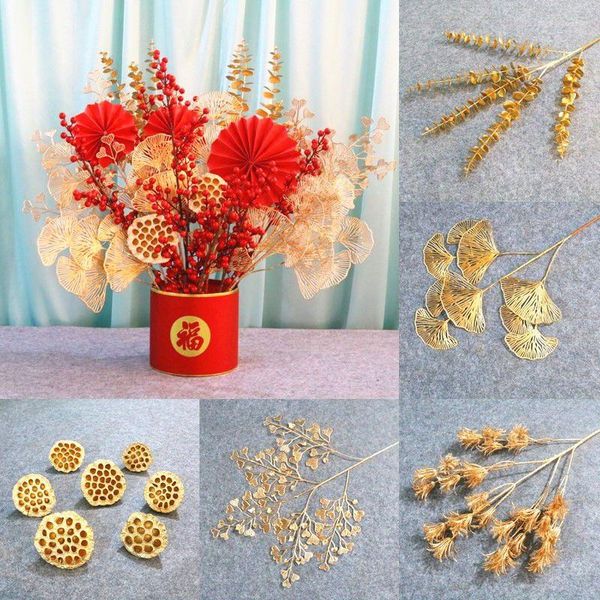 Flores decorativas 2pcs sistema de ouro simulação ano bênção barril arranjo de flores folhas falsas