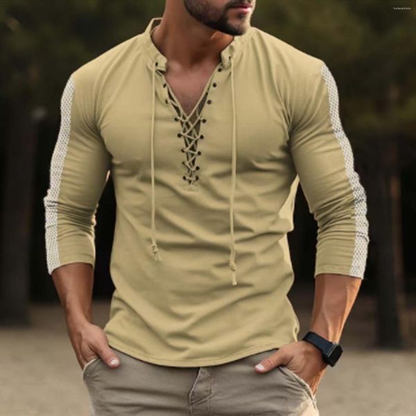 Camisetas masculinas moda outono e inverno casual manga comprida gravata corda cor sólida camisa top