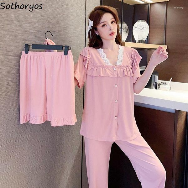 Damen-Nachtwäsche, 3-teilig, Pyjama-Set, Damen, süße Spitze, Sommer, Vintage, koreanischer Stil, Mode, V-Ausschnitt, lässig, Lounge, zart, weiblich, gemütlich, weich