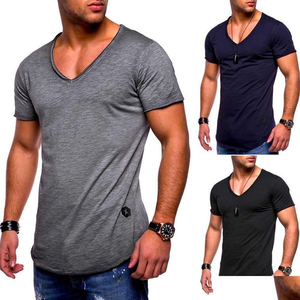 Мужские футболки Летняя мужская футболка Топ с коротким рукавом и V-образным вырезом Slim Fit Muscle T-Shirt Мужская серая, белая, черная футболка Повседневная футболка Homme 3XL X0 Dhjqn