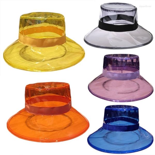 Berets Frauen Männer Sommer PVC Transparent Eimer Hut Helle Gelee Einfarbig Breite Krempe Atmungsaktive Wasserdichte Fischer Regen Dropship