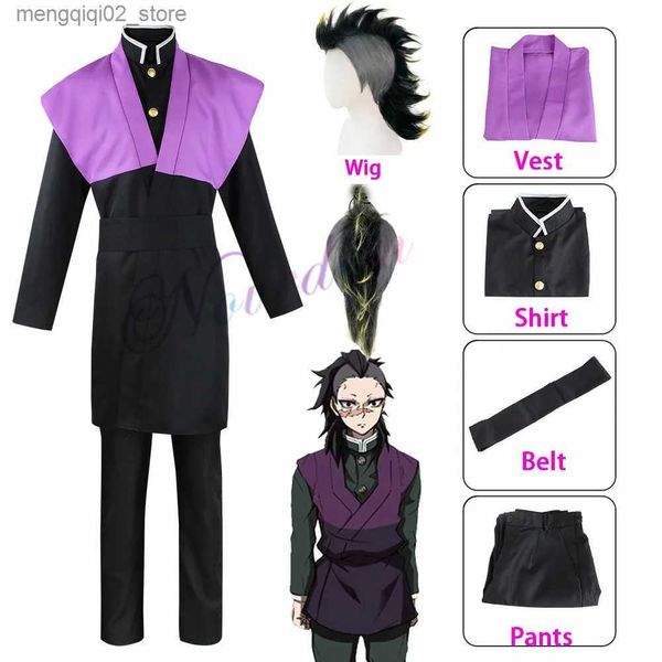 Tema Costume Demon Slayer Kimetsu No Yaiba Shinazugawa Genya Uniforme Camicia Pantaloni Completo Cosplay Vieni Halloween Carnevale Vestito Elegante Parrucca Q240307