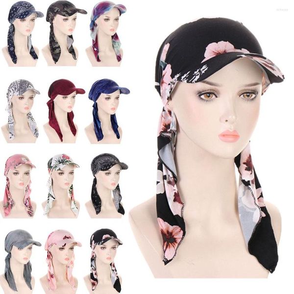 Roupas étnicas Moda Mulheres Muçulmanas Impresso Brim Cap Sun Visor com Pré-amarrado Turbante Caps Head Scarf Bandana Headscarf Beach Outdoor Hat