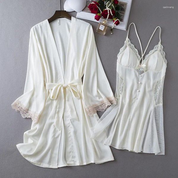 Женская одежда для сна, ночная рубашка, кружевной летний комплект домашней одежды для невесты, комплект из 2 предметов, женское нижнее белье, атласный свадебный халат