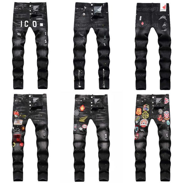 D2 Дизайнерские мужские джинсы Dsquare DSQ2 Модные рваные брюки в стиле хип-хоп Черные цифровые принты со средней посадкой Маленькие прямые джинсовые брюки Мужские джинсы Дизайнерские брюки