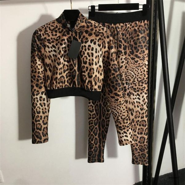 Cheetah calças de duas peças femininas fatos de treino yoga leopardo impressão mangas compridas jaqueta curta cintura magro leggings esporte suit2730