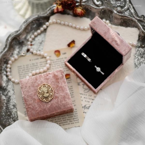 Confezione regalo 2 pezzi Premium Velluto rosa Retro Bellezza Testa Collana Gioielli Orecchino Anello Scatola personalizzata con logo