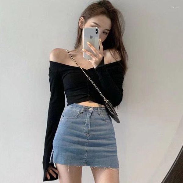 Saias roupas gyaru para mulheres envoltório saia feminina curta mini apertado denim com fenda jeans uma linha harajuku estética elegante