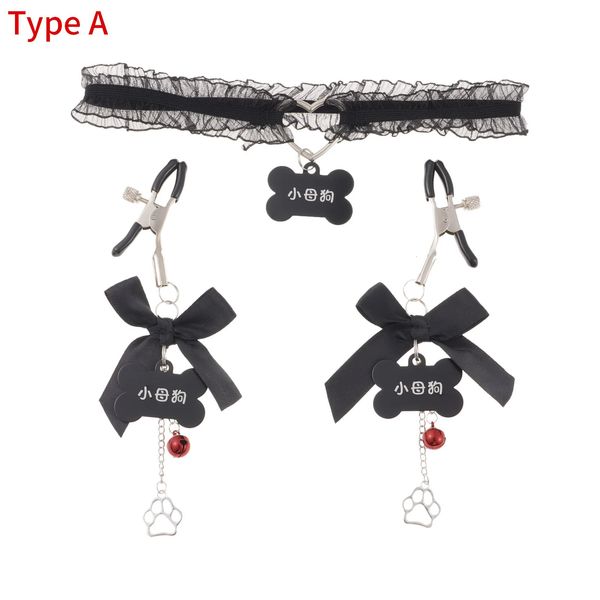 Spielzeug für Erwachsene, Sex-Tools-Set, modisch, für Damen, Gothic, schlicht, sexy, Spitzenkragen, Anhänger, Schleife, Knoten, Glocke, Halsband, Halskette mit Metallklammern, Nippelklemmen, 231010