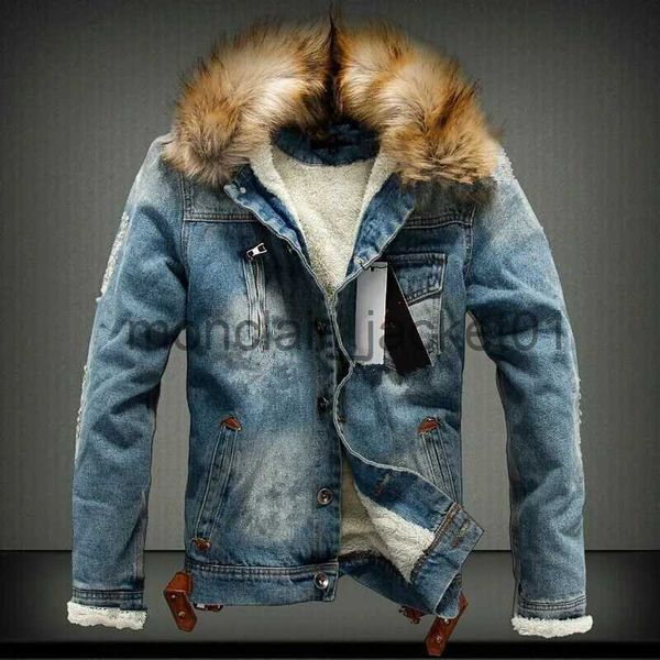 Jaquetas masculinas inverno jaqueta jeans masculina com gola de pele retro rasgado lã jeans jaqueta e casaco para outono inverno S-6XL j231010