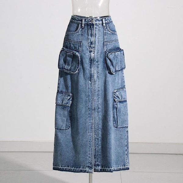 Юбки SuperAen, европейская и американская юбка 2023, модная джинсовая однотонная женская джинсовая ткань с высокой талией и разрезом