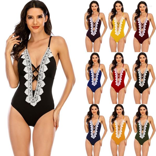 Mulheres Swimwear Swimsuit 2023 Mulheres Push Up Bikini Hollow High Cut Beachwear Deep V Banheira Sexy Monokini Lace Swim S-XL