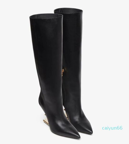 Botas femininas de marca de inverno, preto, branco, couro, salto esculpido, bico fino, botas femininas