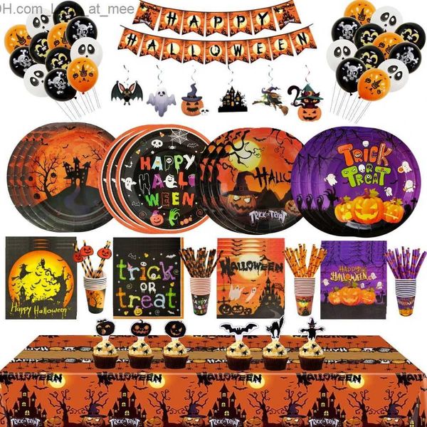 Outros suprimentos para festas de eventos Festa de Halloween Conjunto de talheres descartáveis Abóbora Bruxa Pratos de papel Copos Guardanapos Canudos Crianças Favor Decoração de festa de Halloween feliz Q231010