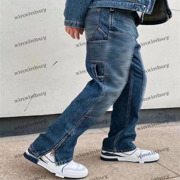 Xinxinbuy Homens Mulheres Designer Pant Emboss Letter Denim Jeans Zipper Hems Bolso Destruído Primavera Verão Calças Casuais Azul Preto APR323X