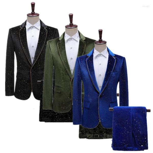 Herrenanzüge, Herren-Luxusanzug, 2-teilig, Schwarz/Blau, geprägtes Goldkantenkleid, Business-Hochzeit, Party, Blazer, Jacke und Hose