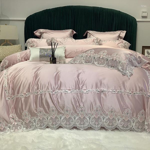 Set di biancheria da letto di lusso rosa romantico stile principessa francese pizzo cotone egiziano set copripiumino lenzuolo o copriletto federa 4/7 pezzi
