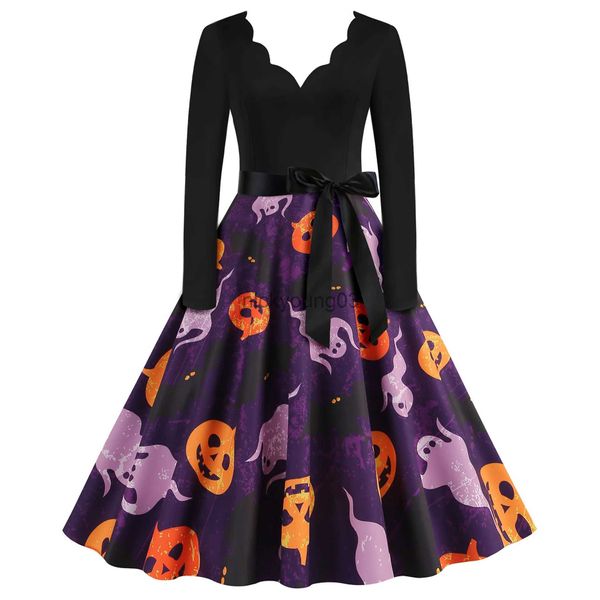 Thema Kostüm Goth Halloween Kostüme Partykleid Frauen V-Ausschnitt Langarm Kürbis Schädel Druck Vintage Rockabilly Vestido 2023 Herbst Robe Pinup x1010