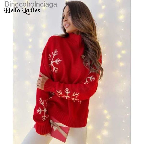 Maglioni da donna 2023 Nuovo collo alto rosso Natale fiocco di neve stampato manica lunga allentata top maglione di tendenza autunno inverno pullover lavorato a maglia JumperL231010