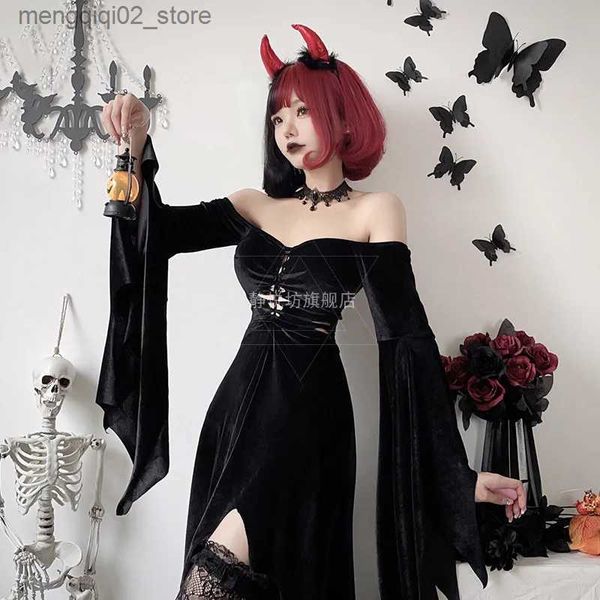 Thema Kostüm Halloween Kommen für Frauen Anime Cosplay Schwarzes Kleid Hexe Lange Vestidos Vampire Braut Outfit Sexy Disfraz Q240307