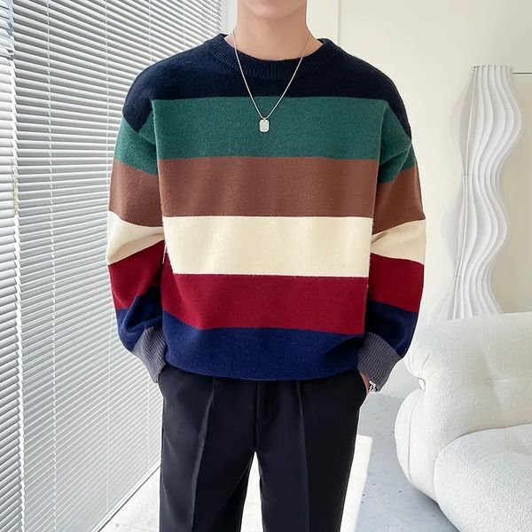Suéter masculino outono arco-íris listrado suéter de malha para homens solto hip hop tripulação malha pull homme casual natal jumpers roupas 231010
