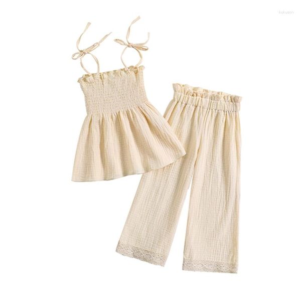 Kleidungssets Wallarenear Kinder Mädchen Zweiteilige Outfits Bandage Ärmelloses Leibchen Und Elastische Spitze Patchwork Lose Hosen Set Sommerkleidung