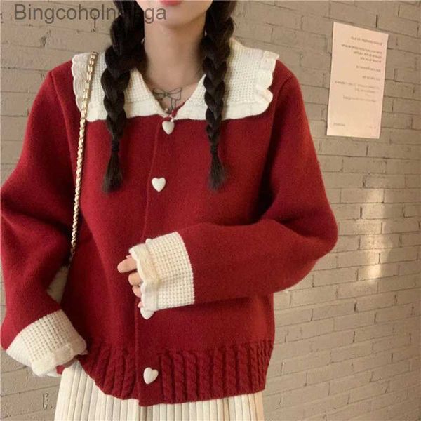 Maglioni da donna Bottoni a cuore Cardigan con colletto rovesciato Maglioni a maniche lunghe patchwork natalizio Donna Cardigan lavorato a maglia coreano FeL231010